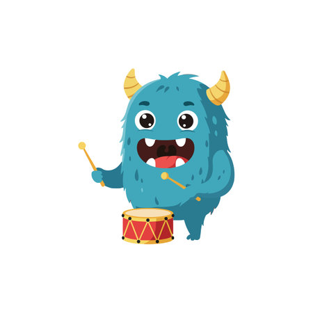 A cheerful blue monster with yellow horns happily plays a red drum, showing excitement and joy in a vibrant setting.のイラスト素材