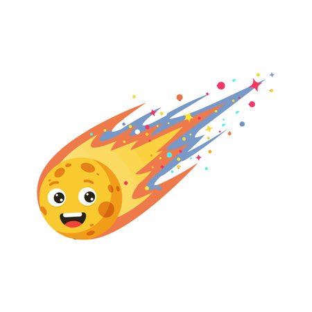 A playful comet with a happy expression zooms through space, leaving vibrant trails of stars and colors behind.のイラスト素材