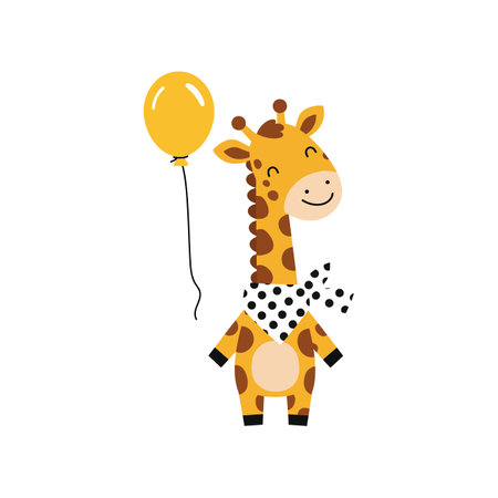 A happy giraffe stands with a yellow balloon, wearing a polka dot scarf, exuding a playful and joyful atmosphere.のイラスト素材