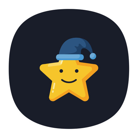A smiling yellow star dons a cozy blue hat, radiating warmth and joy against a dark background in this playful vector art.のイラスト素材