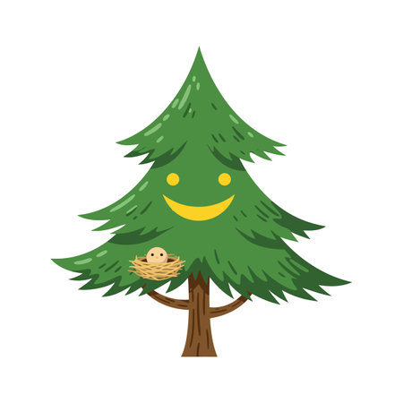 A vibrant green tree with a smiling face, holding a nest with eggs, exuding a joyful and friendly atmosphere.のイラスト素材