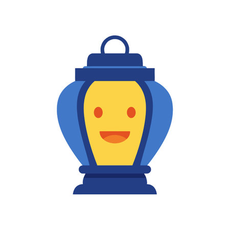A cheerful lantern character with a bright yellow face and blue body, radiating warmth and joy in a whimsical setting.のイラスト素材