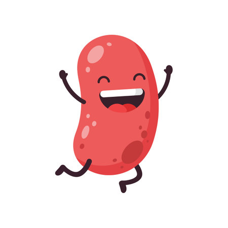A cheerful red bean with a big smile and outstretched arms is dancing happily, radiating joy and positivity.のイラスト素材