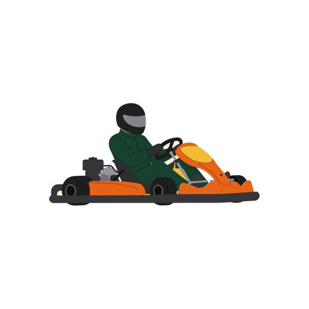 A go-kart racer in a green suit and helmet speeds around a track in an orange go-kart, showing excitement and skill.のイラスト素材