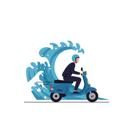 A man in a suit rides a blue scooter, creating splashes as he navigates through waves, conveying a sense of adventure and excitement.のイラスト素材