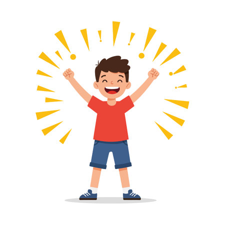 A cheerful boy in a red shirt and shorts joyfully raises his arms, surrounded by bright yellow exclamation marks, conveying excitement and happiness.のイラスト素材