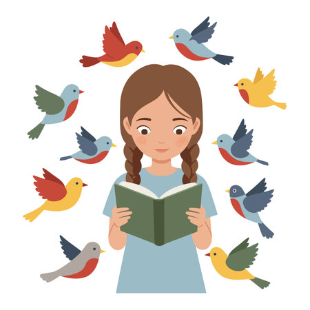 A young girl with braided hair reads a book, captivated by various colorful birds flying around her, creating a whimsical atmosphere.のイラスト素材