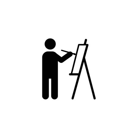 An artist stands beside an easel, focused on creating a painting, embodying creativity and artistic passion in a simple, clean style.のイラスト素材