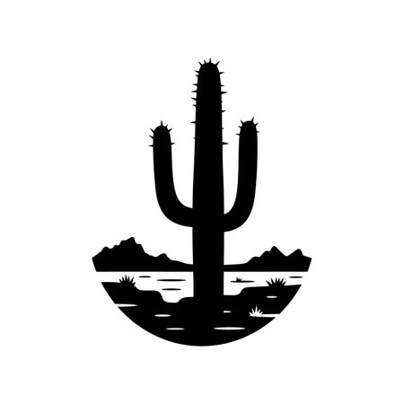 A tall cactus stands prominently in a desert setting, surrounded by silhouettes of mountains and shrubs, evoking a serene and arid atmosphere.のイラスト素材