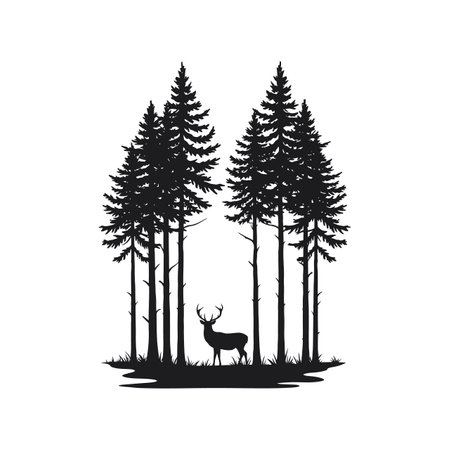A serene scene features a deer peacefully standing among towering pine trees, evoking a tranquil and natural atmosphere.のイラスト素材