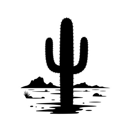 A solitary saguaro cactus stands prominently in a simplified desert scene, evoking a sense of tranquility and isolation.のイラスト素材