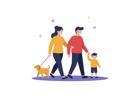 A happy family of three strolls together, smiling, while walking their playful dog on a sunny day.のイラスト素材