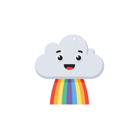 A cheerful cloud character with large eyes smiles as it releases a colorful rainbow, creating a joyful and playful atmosphere.のイラスト素材