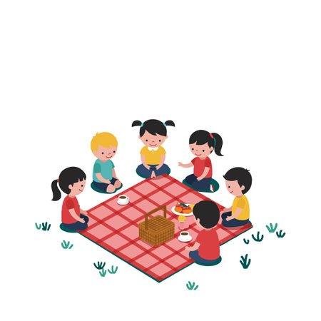Six children sit on a red picnic blanket, sharing snacks and laughter in a cheerful, sunny outdoor setting.のイラスト素材