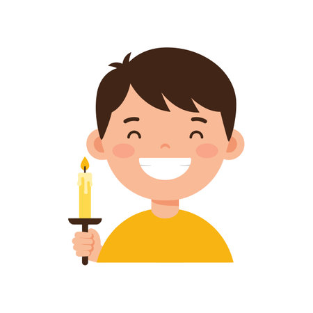 A joyful boy with short brown hair beams while holding a lit candle, conveying a warm and festive atmosphere.のイラスト素材