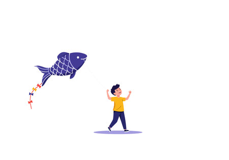 A cheerful boy in a yellow shirt gazes up at a vibrant flying fish soaring above him, creating a playful atmosphere.のイラスト素材