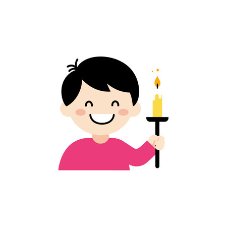 A cheerful boy with short black hair beams joyfully while holding a lit candle in a simple, colorful design.のイラスト素材