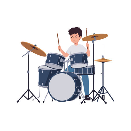 A boy with brown hair enthusiastically plays a blue drum set, showing his passion for music in a lively atmosphere.のイラスト素材