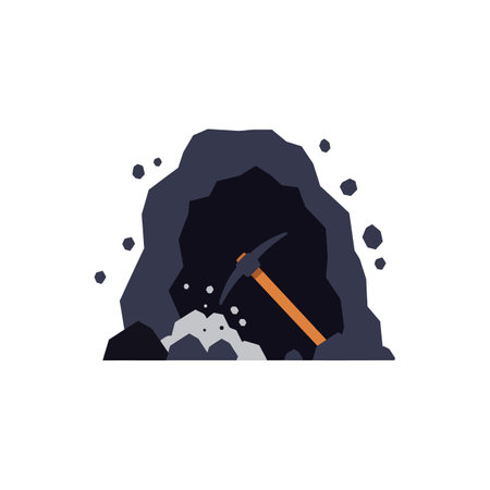 A mining pickaxe rests at the mouth of a cave, surrounded by scattered rocks, suggesting an adventurous and industrious atmosphere.のイラスト素材