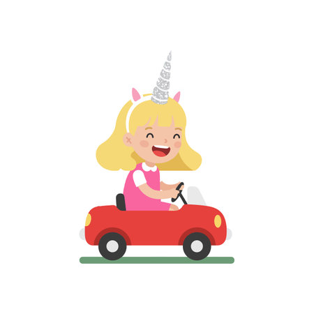 A joyful girl with a unicorn headband smiles brightly while driving a red toy car, exuding a playful and cheerful atmosphere.のイラスト素材