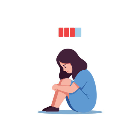 A girl sits with her knees hugged close in a blue dress, depicting a moment of contemplation and emotional reflection.のイラスト素材