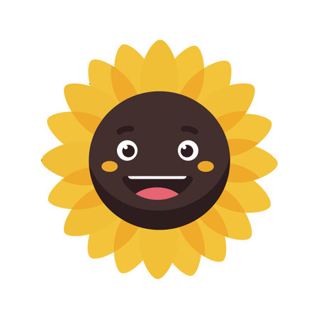 A cheerful sunflower character with a brown face and yellow petals displays a joyful expression, radiating positivity in a playful design.のイラスト素材