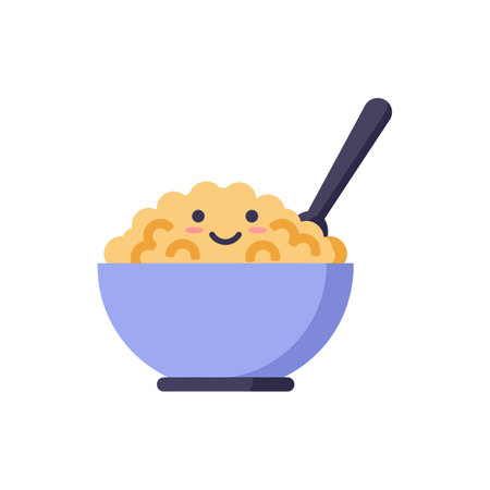 A bowl filled with smiling cake, featuring a spoon, radiating warmth and joy in a minimalistic design.のイラスト素材