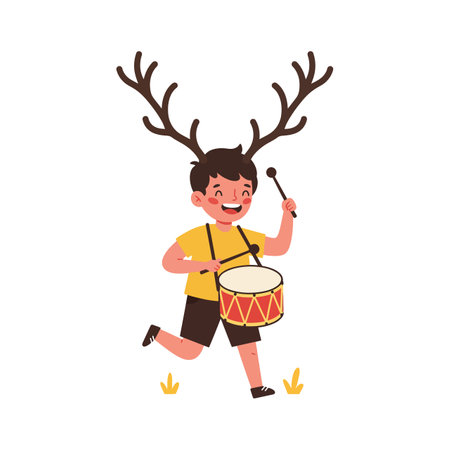 A cheerful boy with antlers runs energetically while playing a drum, radiating joy and playfulness in a vibrant, whimsical setting.のイラスト素材