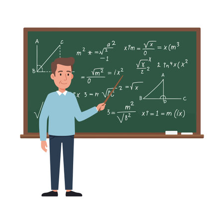 A cheerful male teacher stands in front of a chalkboard filled with mathematical equations, engaging students with his pointer.のイラスト素材
