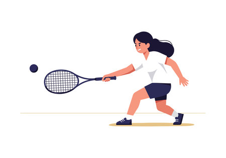 A girl in a white shirt and blue shorts swings her racket to hit a tennis ball, showcasing focus and athleticism.のイラスト素材