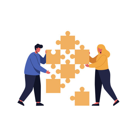 Two people, a man and a woman, are actively assembling a puzzle, illustrating teamwork and concentration in a bright and engaging atmosphere.のイラスト素材