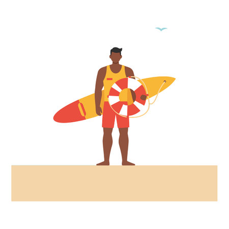 A lifeguard wearing a red swimsuit stands confidently on the beach, holding a surfboard and lifesaver, exuding a sense of readiness and safety.のイラスト素材