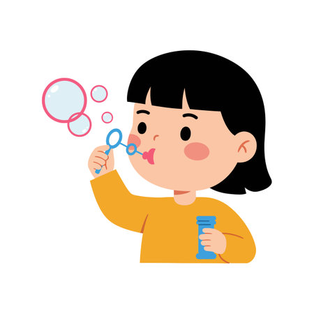 A cheerful child with short black hair blows bubbles using a blue wand, surrounded by floating bubbles, creating a joyful atmosphere.のイラスト素材