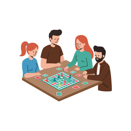Four friends gather around a table, smiling and engaged while playing a board game, creating a joyful and lively atmosphere.のイラスト素材