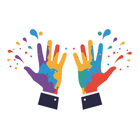 Two vibrant hands covered in paint, expressing creativity and joy, with colorful splashes radiating outward in an energetic scene.のイラスト素材