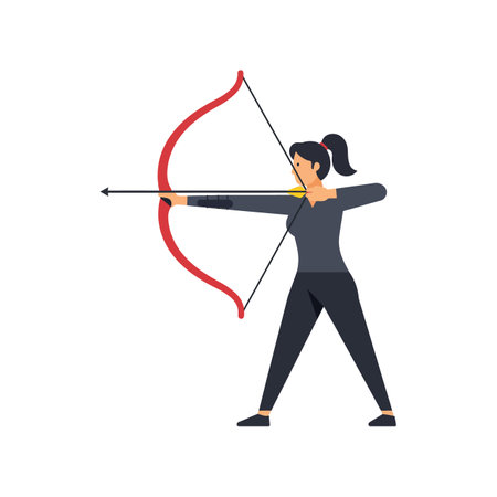 A woman in athletic attire draws back a red bow, aiming intently at a target, embodying precision and strength.のイラスト素材