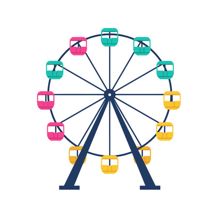 A detailed Ferris wheel stands tall, featuring bright cabins in pink, teal, and yellow, evoking a sense of fun and excitement.のイラスト素材