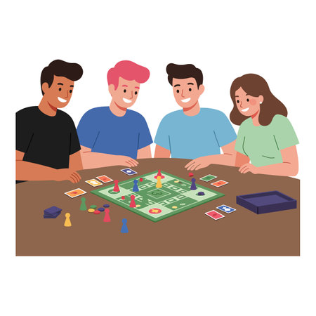 Four friends engage enthusiastically around a board game, displaying joy and camaraderie in a cozy indoor setting.のイラスト素材