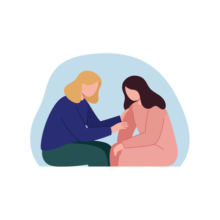 Two women sit together, one comforting the other with a gentle touch, creating a warm and supportive atmosphere.のイラスト素材
