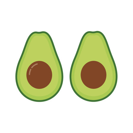 Two green avocado halves with brown pits are displayed, creating a fresh and vibrant mood perfect for healthy eating themes.のイラスト素材