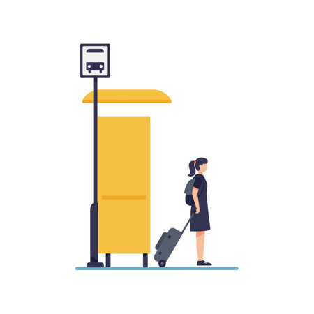 A young woman with a backpack waits at a colorful bus stop, pulling a suitcase, conveying a sense of anticipation and travel.のイラスト素材