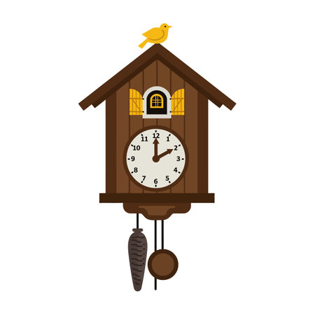 A detailed cuckoo clock features a vibrant yellow bird perched atop with a classic wooden structure and intricate clock face.のイラスト素材