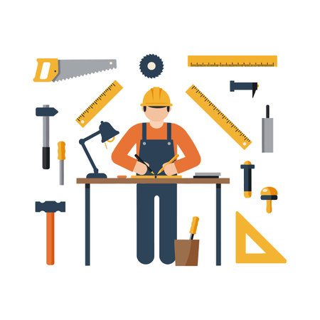 A carpenter in an orange shirt and yellow hard hat focuses on measuring wood at a table, surrounded by various tools.のイラスト素材