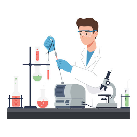 A scientist in a lab coat carefully mixes liquids in test tubes and beakers, showing focus and curiosity in a bright, organized laboratory.のイラスト素材