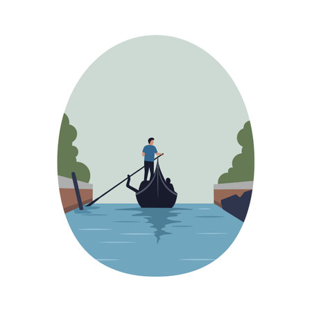 A gondolier steers a small boat through a calm canal, surrounded by lush greenery, evoking tranquility and leisure.のイラスト素材