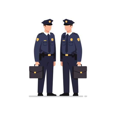 Two police officers in dark blue uniforms hold briefcases while standing confidently, portraying a sense of authority and teamwork.のイラスト素材
