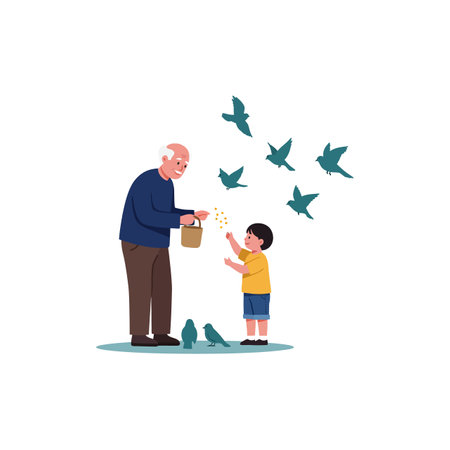 An elderly man joyfully shares birdseed with a young boy, surrounded by flying birds in a cheerful outdoor setting.のイラスト素材