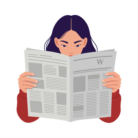A young woman with long dark hair intently reads a newspaper, showing curiosity and engagement in a minimalistic style.のイラスト素材