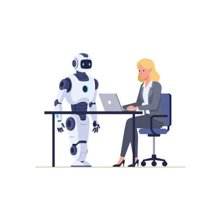 A businesswoman in formal attire works on a laptop while engaging with a humanoid robot beside her, showcasing collaboration.のイラスト素材