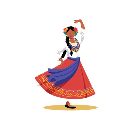 A woman gracefully dances in a colorful traditional dress adorned with floral accents, radiating joy and cultural pride.のイラスト素材